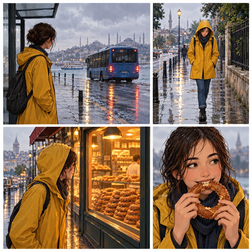 A four-panel comic page: a bus pulling away in the rain, a walk along a wet pavement, a lit bakery window, and a young woman biting into a sesame simit.