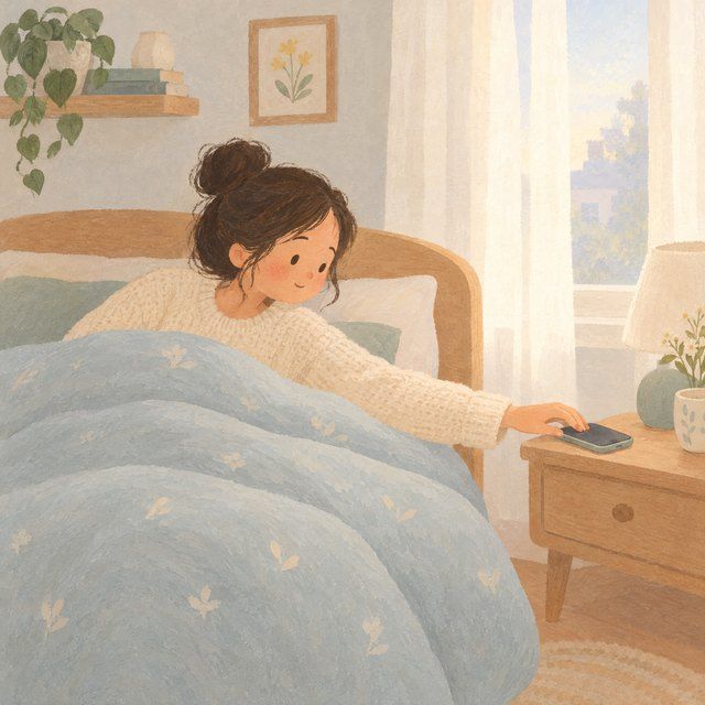 Reaching out to silence the alarm. Drawn in Storybook style.