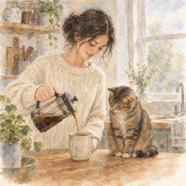 Coffee, and the cat up on the counter. Drawn in Watercolour style.