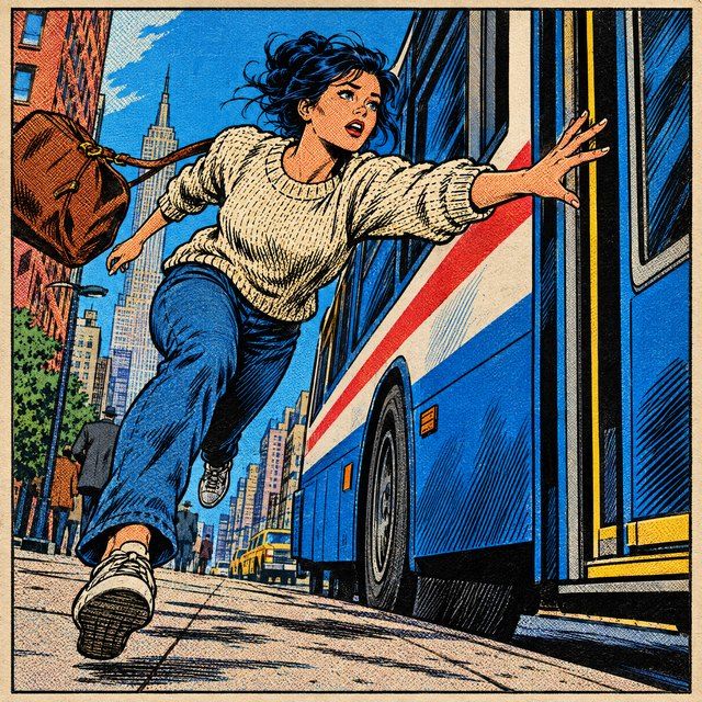 One last lunge at the closing doors. Drawn in Marvel style.