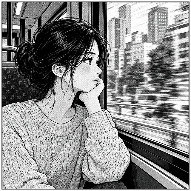 The city sliding past the window. Drawn in Manga style.