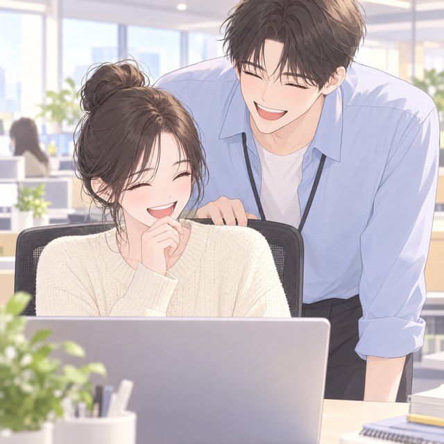 Something on the screen makes them laugh. Drawn in Webtoon style.