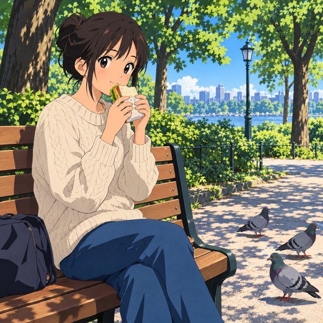 Lunch on a bench, pigeons included. Drawn in Anime style.