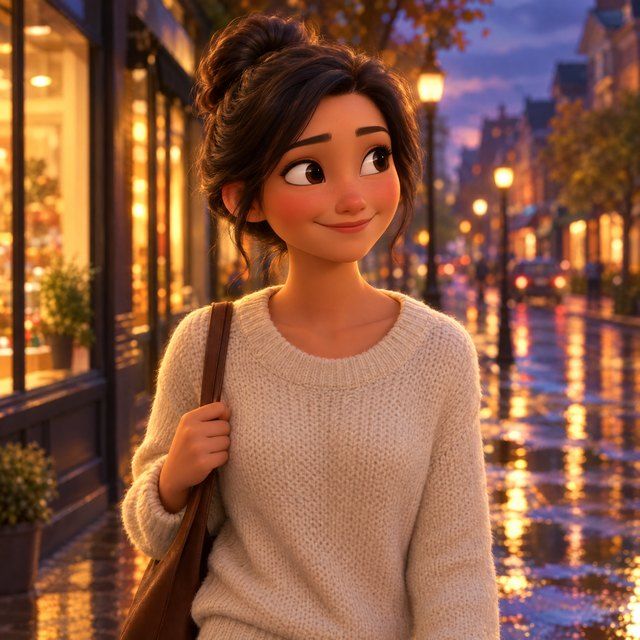 Home along a wet street. Drawn in Disney style.